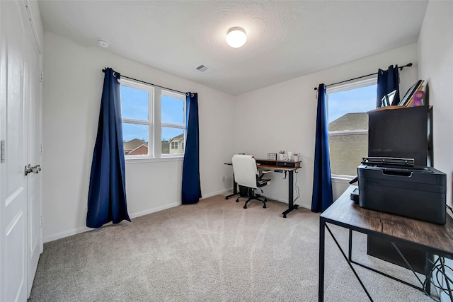 carpeted office with a textured ceiling and a wealth of natural light