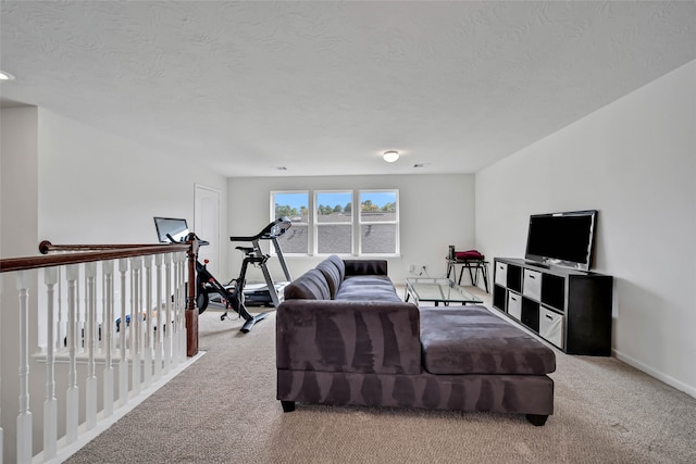 carpeted living room with a textured ceiling