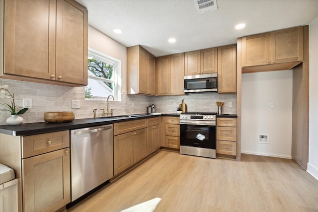 kitchen featuring backsplash, stainless steel appliances, light hardwood / wood-style floors, and sink