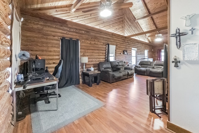 office space featuring beam ceiling, ceiling fan, log walls, wood-type flooring, and wood ceiling