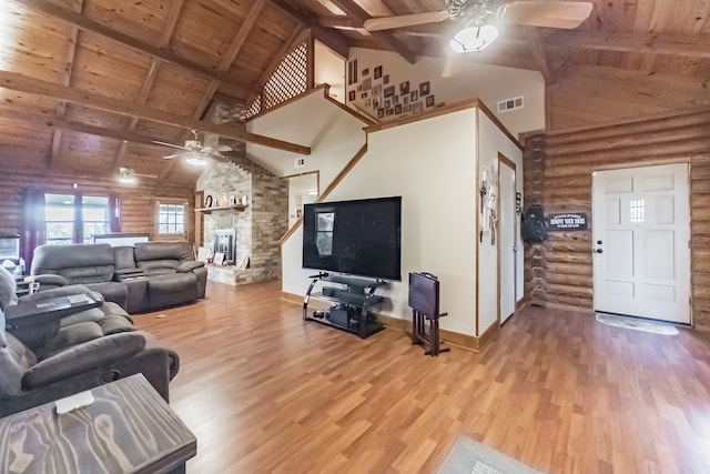 living room with hardwood / wood-style flooring and wooden ceiling