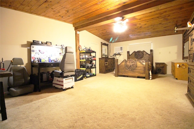 bedroom featuring vaulted ceiling with beams, wooden ceiling, light colored carpet, and a wall mounted air conditioner