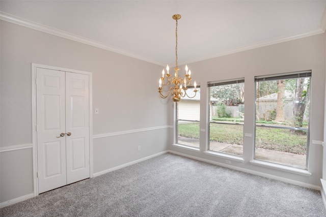 empty room with carpet, a wealth of natural light, and ornamental molding