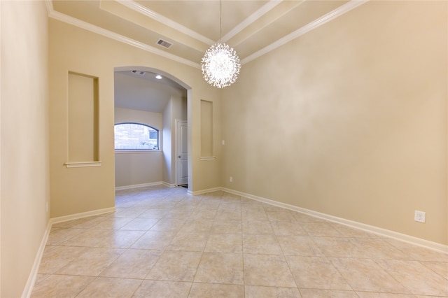 tiled empty room with crown molding and a notable chandelier