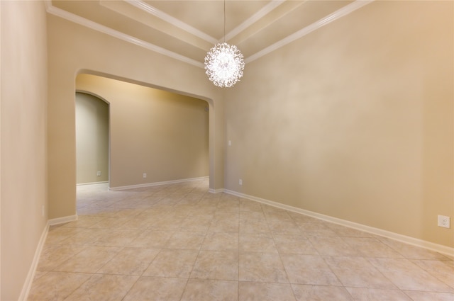 empty room with crown molding, light tile patterned flooring, and an inviting chandelier