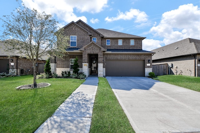 view of front of property with a garage and a front lawn