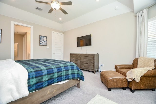 carpeted bedroom with ceiling fan