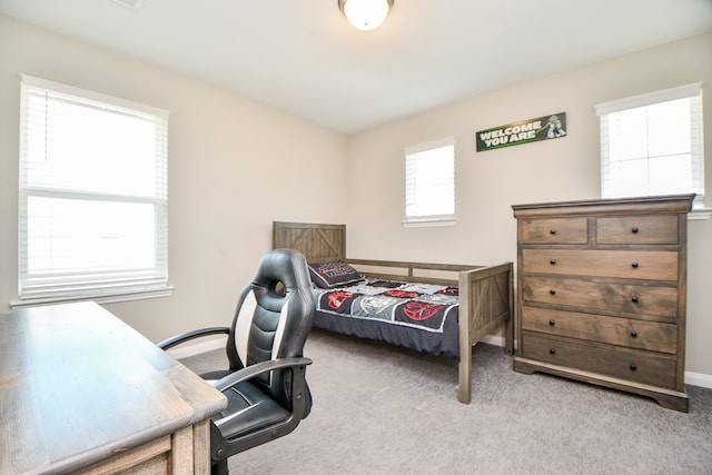 bedroom with multiple windows and light carpet