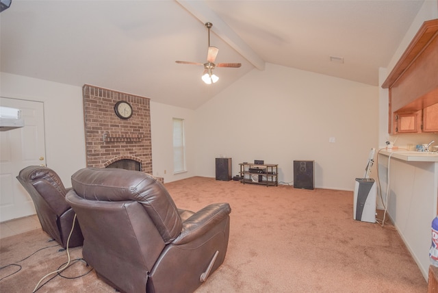 living room with ceiling fan, light colored carpet, lofted ceiling with beams, and a brick fireplace