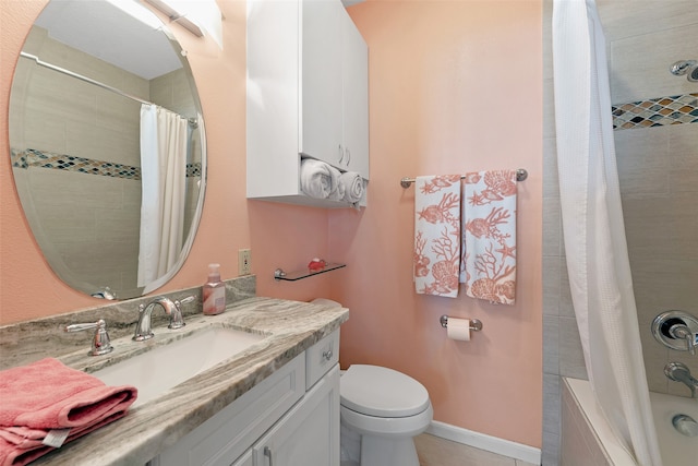 full bathroom with vanity, shower / bath combo, and toilet