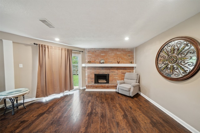 living room featuring a fireplace and dark wood-type flooring