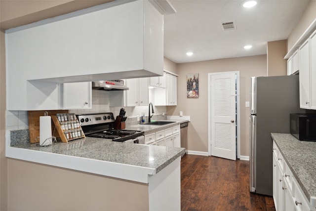 kitchen with white cabinetry, sink, stainless steel appliances, dark hardwood / wood-style floors, and kitchen peninsula