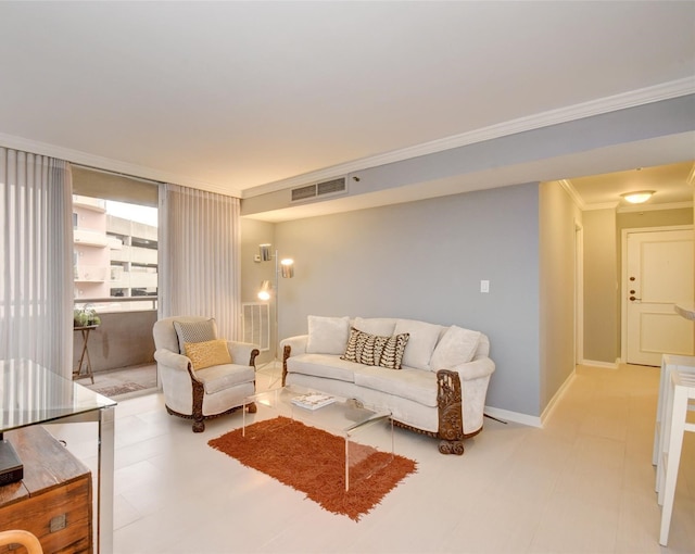 living room with crown molding