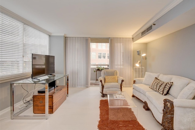 living room with crown molding