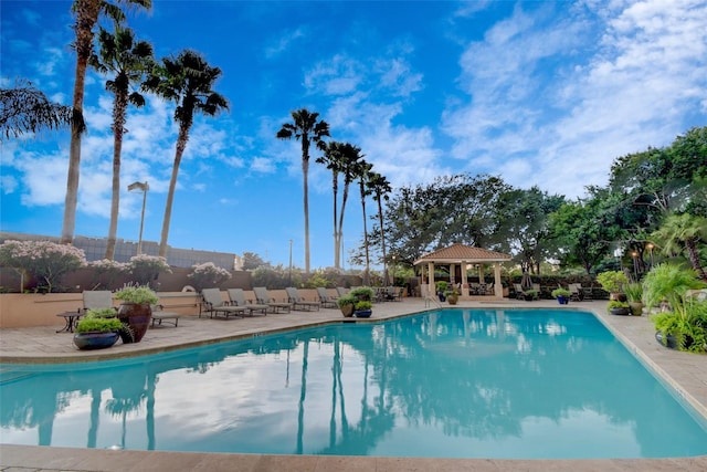 view of pool featuring a gazebo and a patio