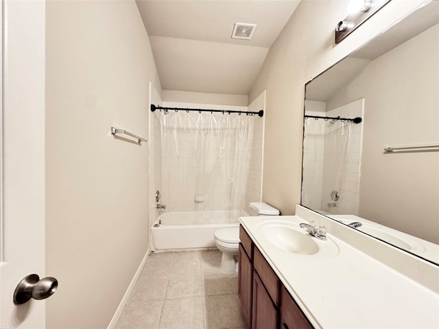 full bathroom featuring tile patterned flooring, vanity, toilet, and shower / bath combo with shower curtain