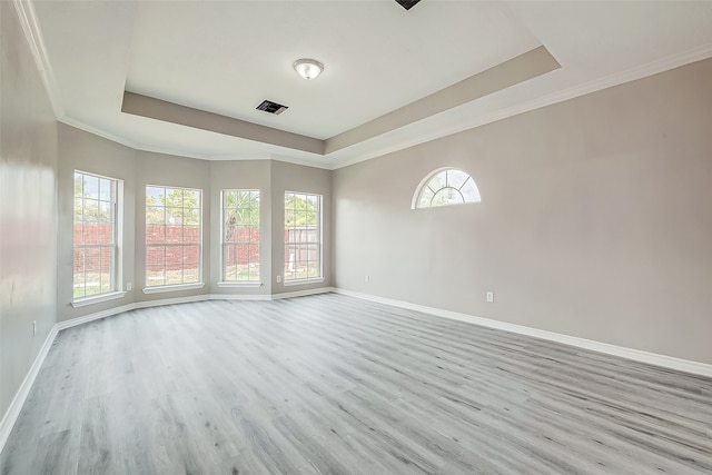 spare room featuring a tray ceiling, crown molding, and light hardwood / wood-style flooring