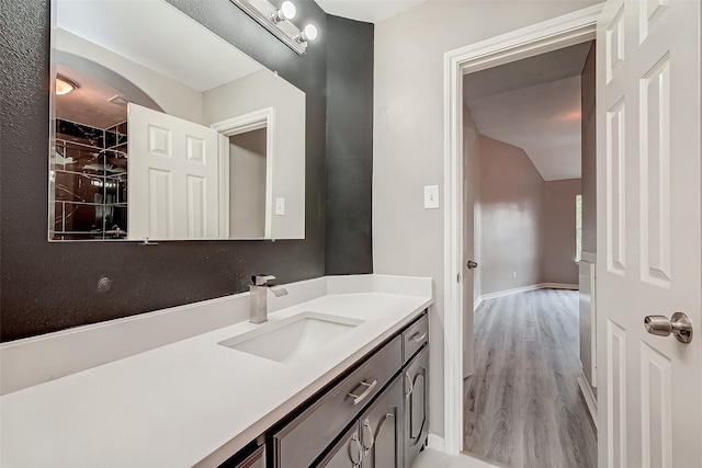 bathroom with vanity and hardwood / wood-style flooring