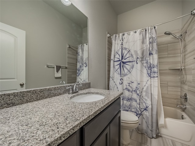 full bathroom featuring vanity, toilet, and shower / bathtub combination with curtain