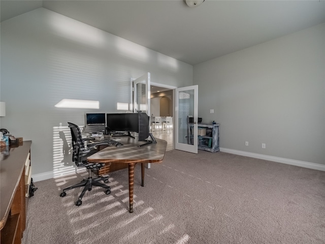 office area with carpet, french doors, and lofted ceiling