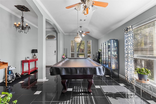 playroom featuring ceiling fan with notable chandelier, ornamental molding, lofted ceiling, and pool table