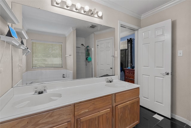 bathroom featuring vanity, crown molding, tile patterned flooring, shower with separate bathtub, and a wealth of natural light