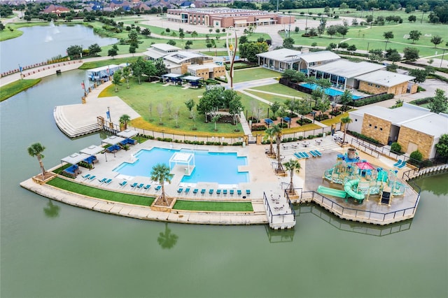 aerial view featuring a water view