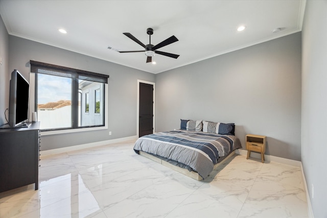 bedroom featuring ceiling fan and ornamental molding