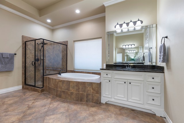 bathroom with vanity, plus walk in shower, and ornamental molding