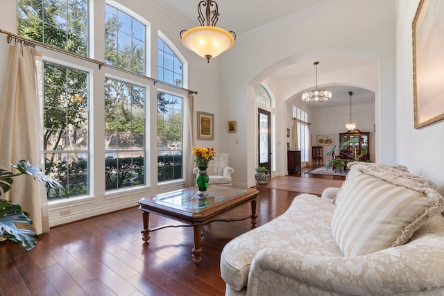 living room with a chandelier, a high ceiling, a healthy amount of sunlight, and dark hardwood / wood-style floors