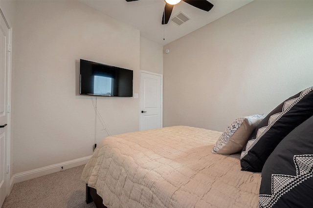 bedroom featuring carpet floors, high vaulted ceiling, and ceiling fan