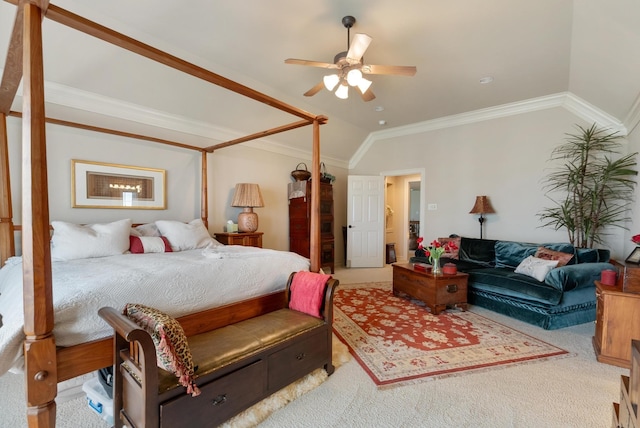 carpeted bedroom featuring ceiling fan, lofted ceiling, and ornamental molding