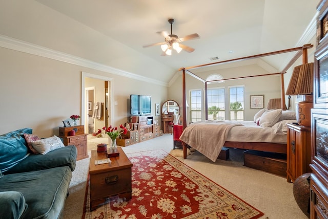 bedroom featuring ceiling fan, lofted ceiling, light carpet, and ornamental molding