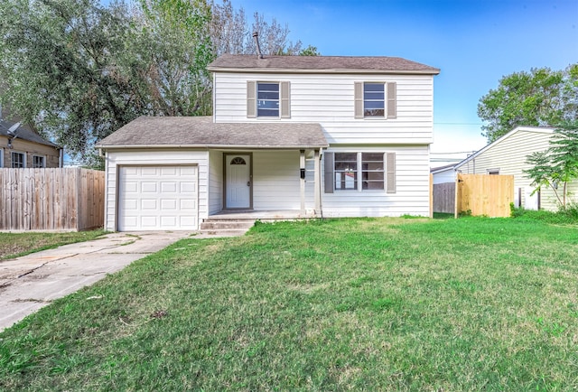 front facade featuring a front lawn, a porch, and a garage