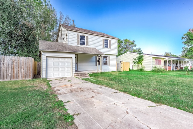 view of front of house featuring a porch, a garage, and a front yard