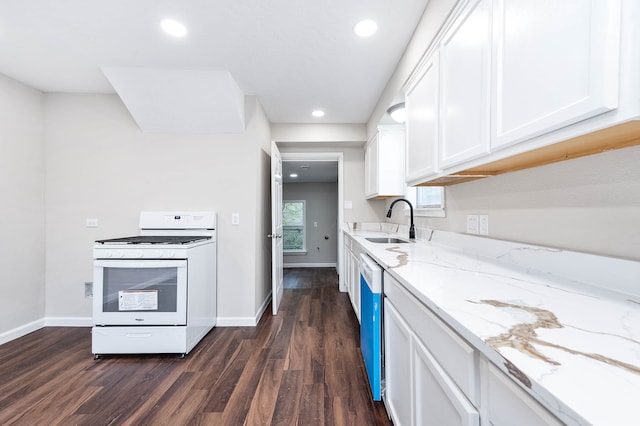 kitchen featuring light stone countertops, white cabinetry, sink, dark wood-type flooring, and white stove