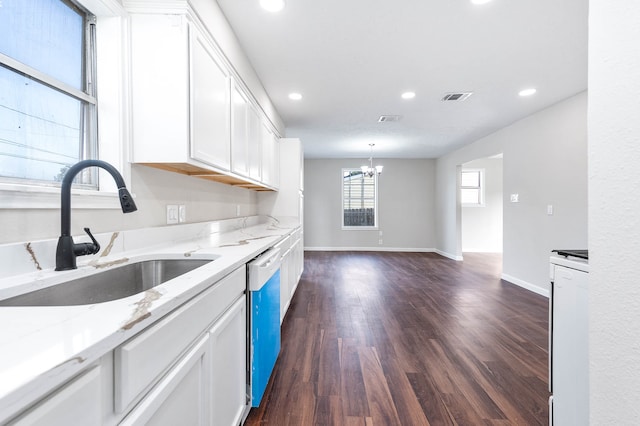 kitchen featuring light stone countertops, dark hardwood / wood-style flooring, sink, dishwasher, and white cabinetry