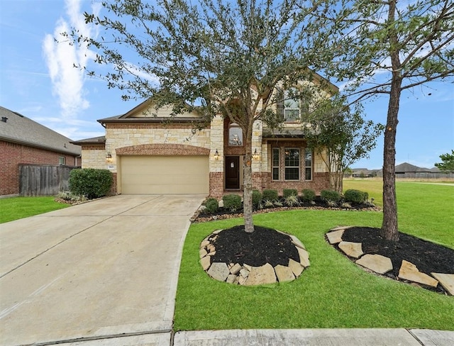 view of front of home with a front lawn and a garage