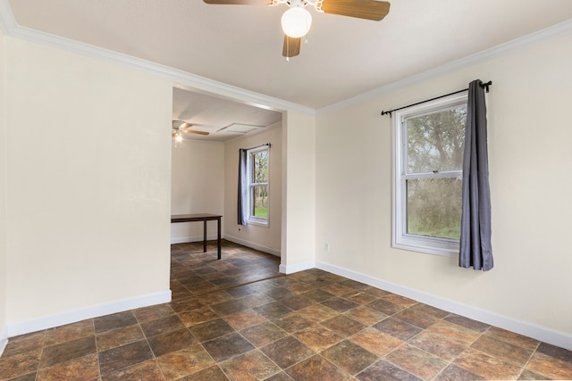 empty room with ceiling fan and crown molding