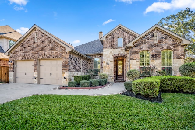 view of front property featuring a front lawn and a garage