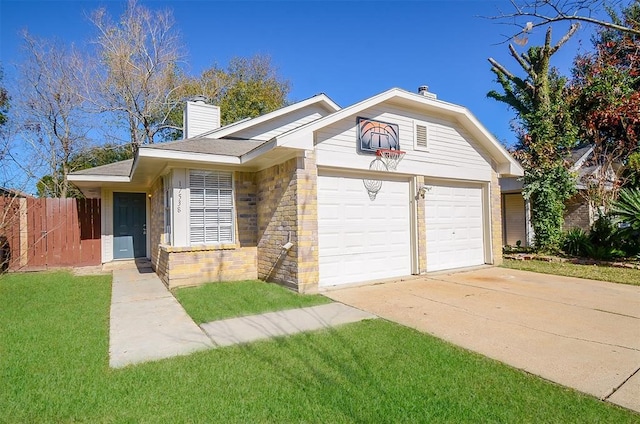 ranch-style home with a garage and a front lawn