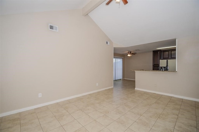 unfurnished living room featuring beam ceiling, high vaulted ceiling, ceiling fan, and light tile patterned flooring