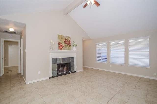 unfurnished living room with high vaulted ceiling, ceiling fan, light tile patterned floors, beamed ceiling, and a tiled fireplace