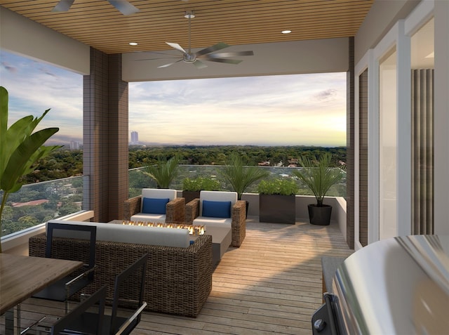deck at dusk with ceiling fan