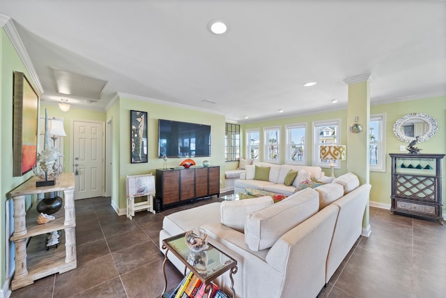 tiled living room featuring crown molding