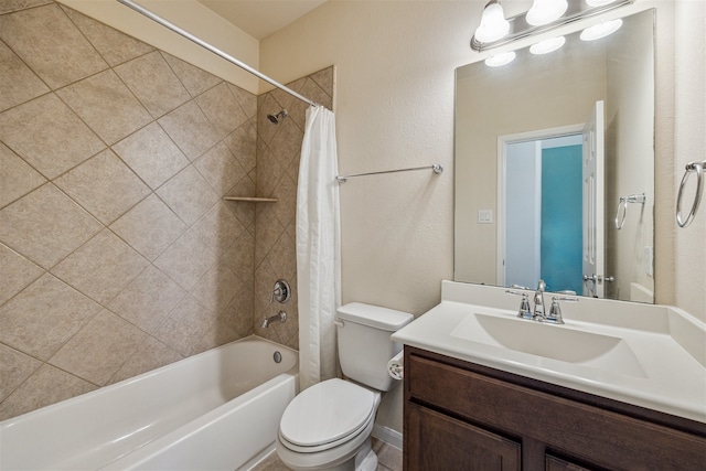 full bathroom featuring vanity, toilet, and shower / bathtub combination with curtain