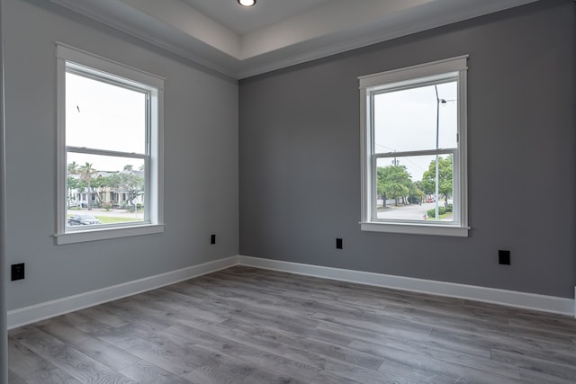 unfurnished room featuring light wood-type flooring and ornamental molding