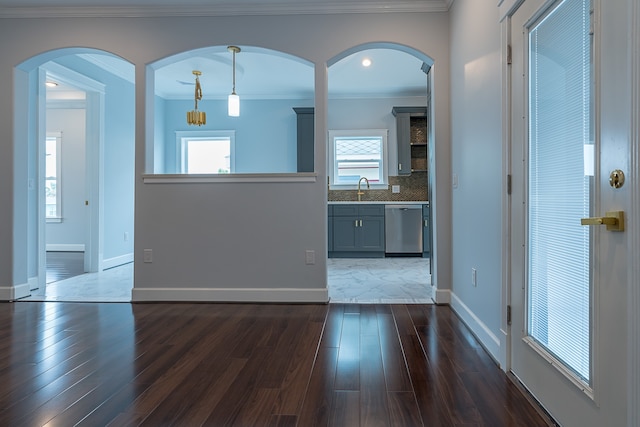 interior space featuring crown molding, sink, and dark wood-type flooring