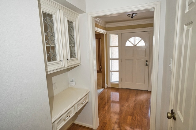 entryway featuring ornamental molding and dark wood-type flooring