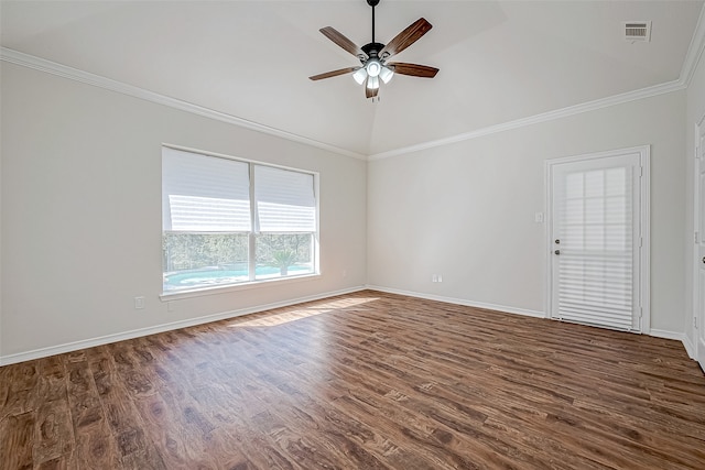 empty room with ceiling fan, dark hardwood / wood-style flooring, lofted ceiling, and crown molding